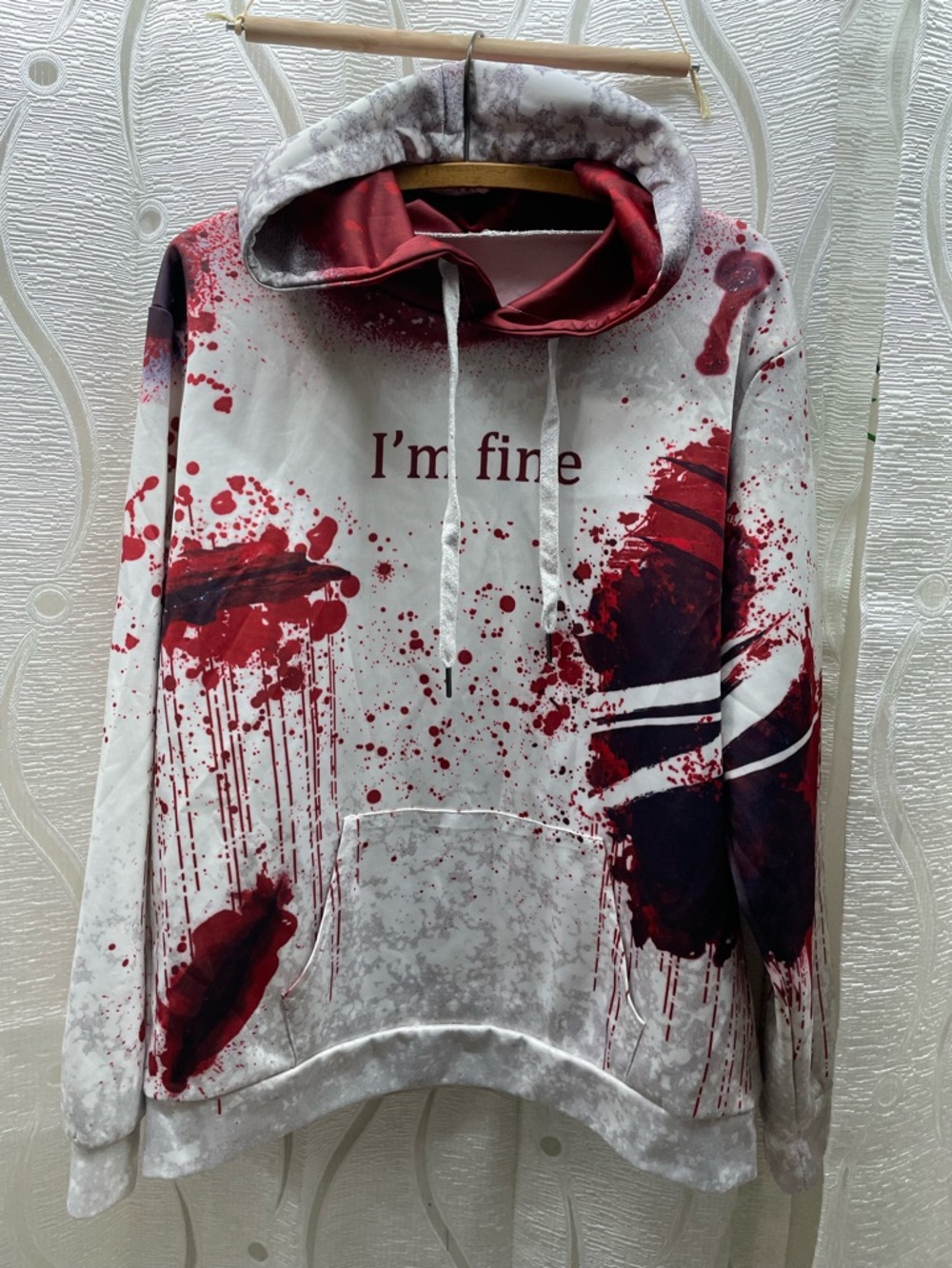 Unbranded I'm Fine Blood Splatter Hoodie Mens Large‎ White Red Goth Horror Edgy